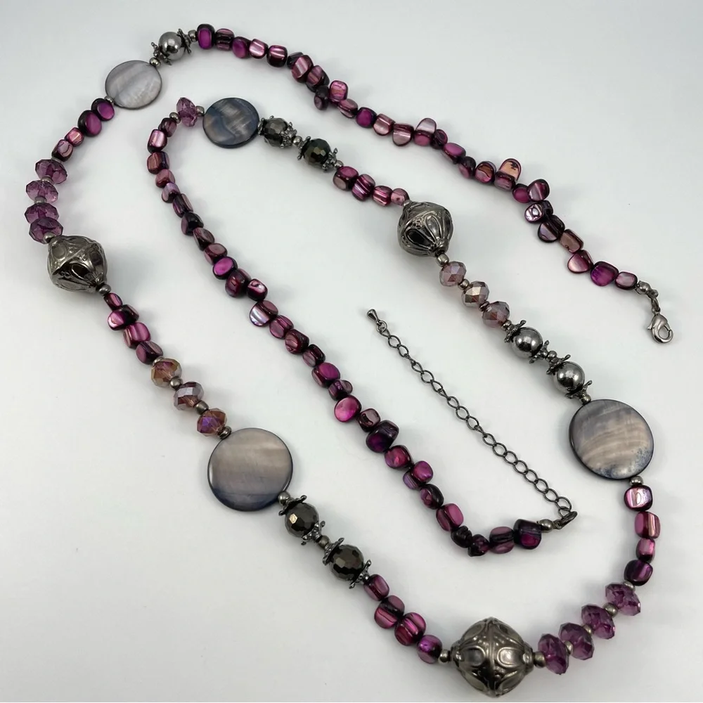 Boho Purple Shell & Crystal Beaded Necklace with Silver Accents 39” 43”Extender